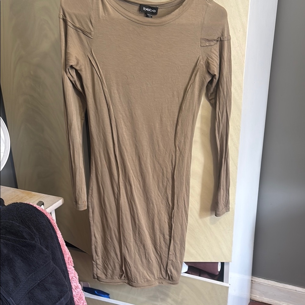 Bebe Brown Long Sleeve Sheath Dress Crew Neck